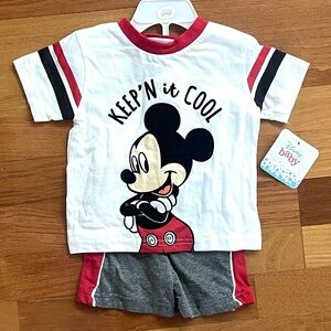DISNEY BABY Mickey Mouse Outfit T-Shirt Shorts Set Boys BABY SIZE 6-9M White NWT
